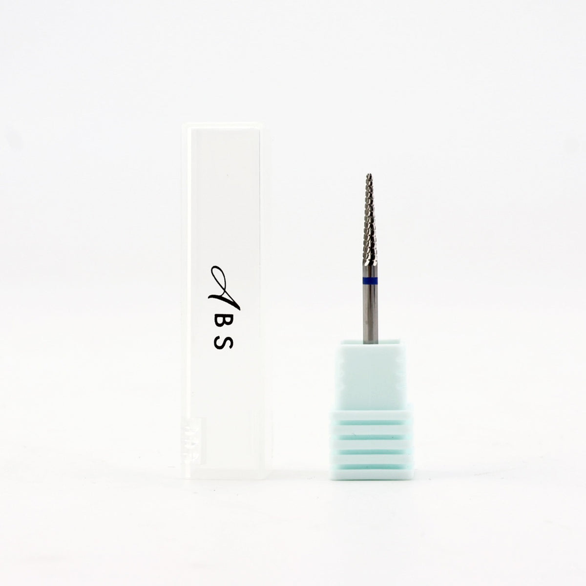 A dental drill bit with a silver metal body and a light blue ribbed holder, shown next to its white packaging box with the brand name 'ABS' printed on it.