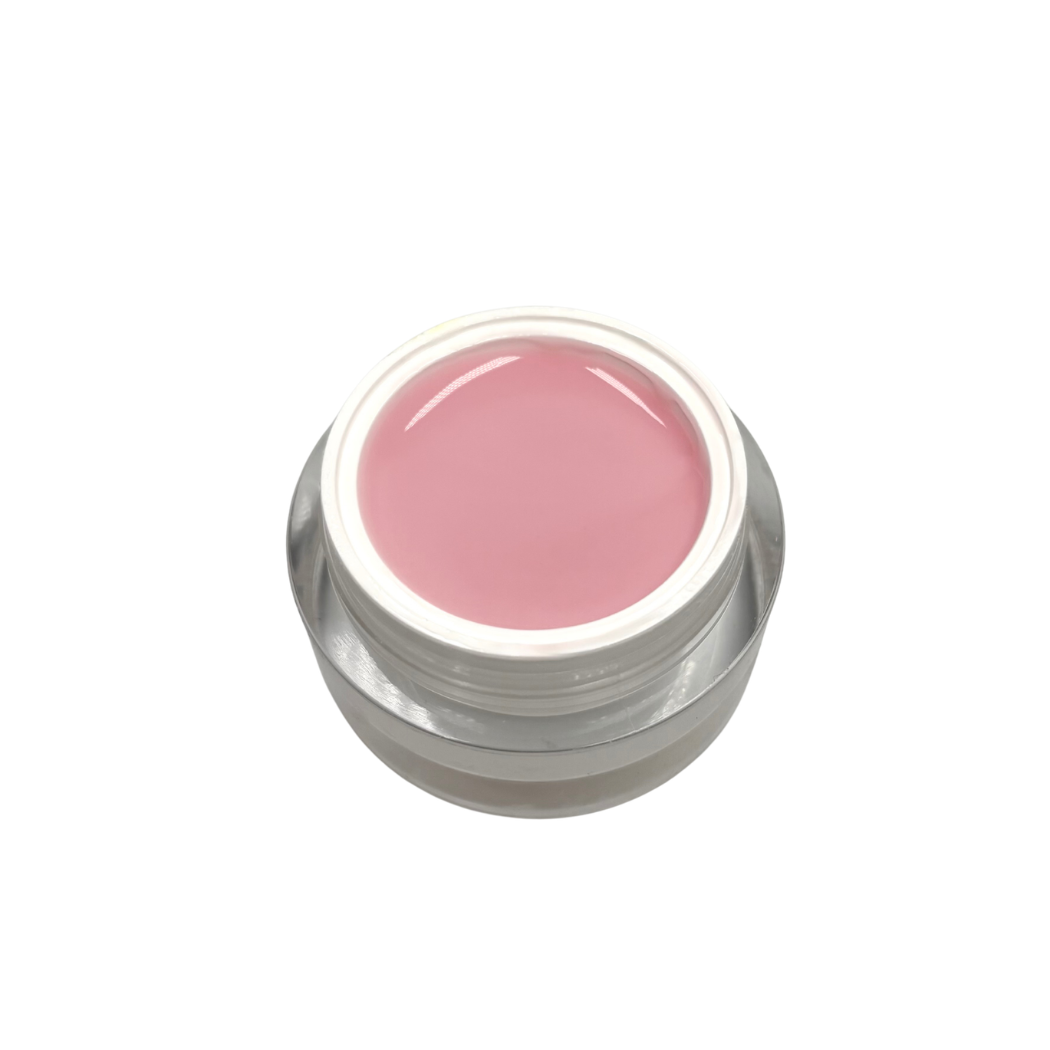 Pink gel in a small metal container on a white background